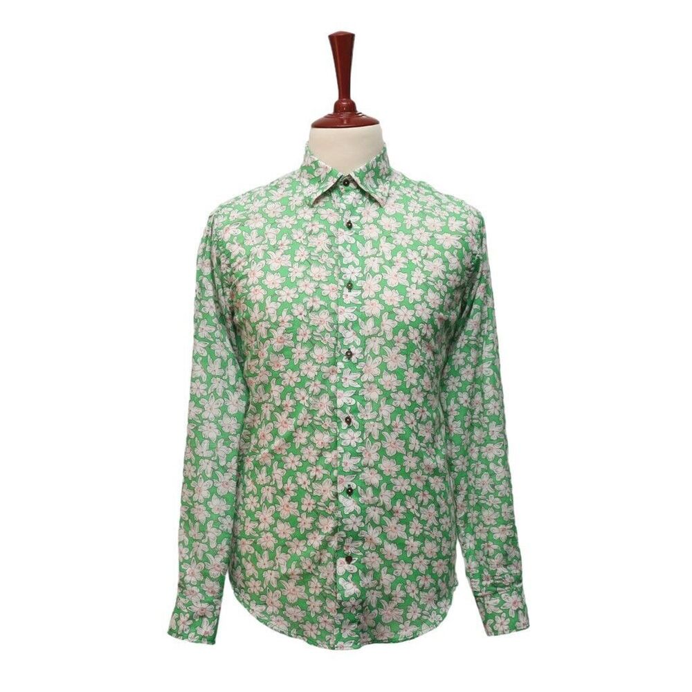 Mens Shirt Button Up Green White Floral Linen Blend Hawaiian Beach Casual Medium